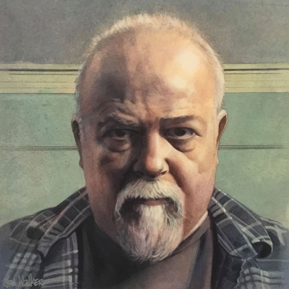 Painting of Kev White, a white semi-balding man with grey beard