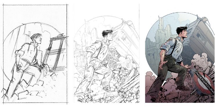 Three images showing the evolution of a piece of comic book cover art by Kev Walker. The pictures show a young man in WW2 London on rubble.