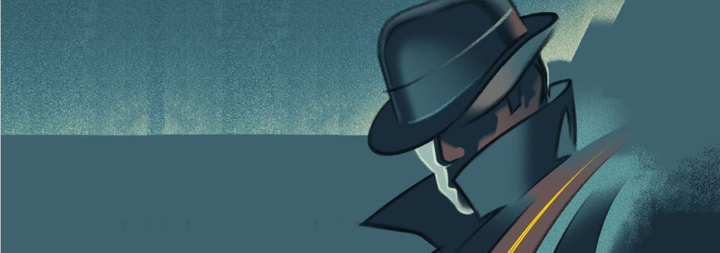 Felix Leiter from the Hook And the Eye - the picture shows a stylised private detective in a trilby hat and mac on a blue background
