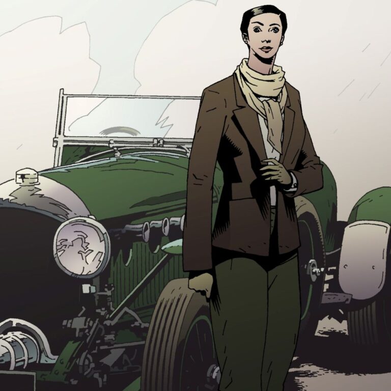 Illustration of Aunt Charmian, from SilverFin and Blood Fever. Charmian Bond is depicted as a white woman with dark hair.