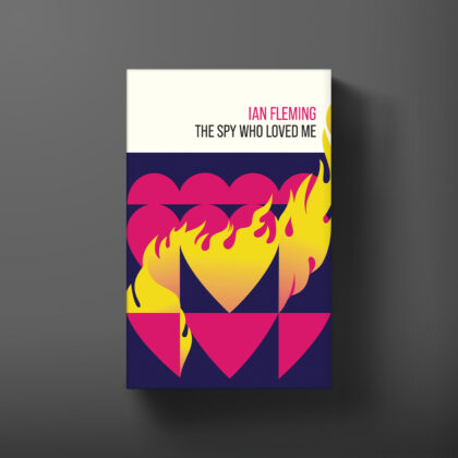 Hardback book cover for The Spy Who Loved Me by Ian Fleming, designed by Michael Gillette.