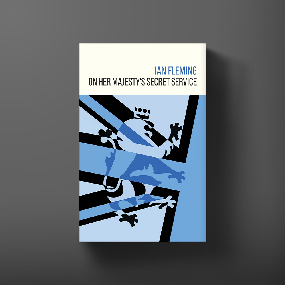 Hardback book cover for On Her Majesty's Secret Service by Ian Fleming, designed by Michael Gillette.