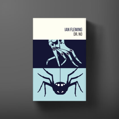 Hardback book cover for Dr. No by Ian Fleming, designed by Michael Gillette.