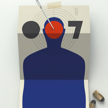 Close up of the cover of Colonel Sun book cover, showing a target sign in the shape of a person, with a needle in the bullseye on the person's head.