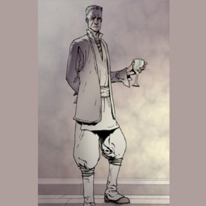 Count Ugo is a character from the Young Bond book series. Ugo is shown here as a tall thin white skinned man with pale hair and pantaloon trousers.