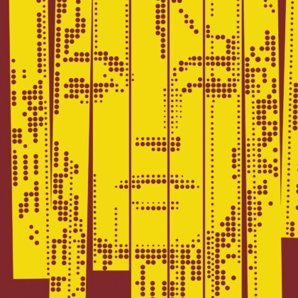 Close up of the hardback book cover for From Russia with Love. The design features a stylized portrait of a face composed of maroon dots on a yellow background. The image is segmented into vertical strips and resembles a cipher.