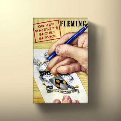 Book cover for On Her Majesty's Secret Service by Ian Fleming, featuring an illustration of a hand drawing a coat of arms on a piece of paper.