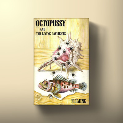 Book cover for Octopussy and the Living Daylights by Ian Fleming, featuring an illustration of a fish and seashell covered in black flies.