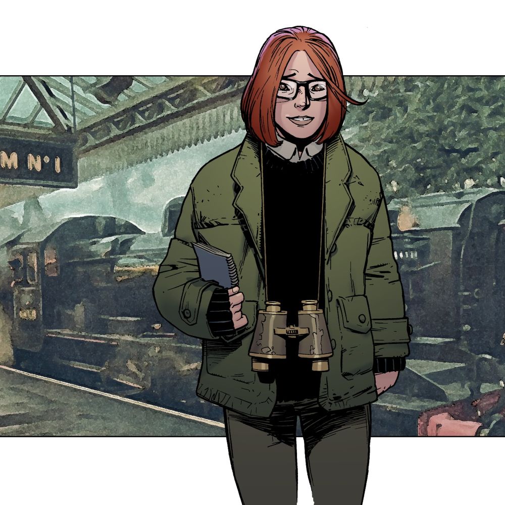 Kitty Drift is a character from Strike Lightning, part of the Young Bond book series. Kitty is shown here as a trainspotting young girl at the rail station, with binoculars and red bobbed hair and glasses.