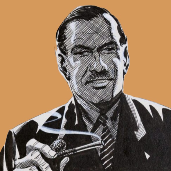 Illustration of M, James Bond's boss in Ian Fleming's 007 book series. Here M is shown holding his pipe, as an middle aged man with dark hair.