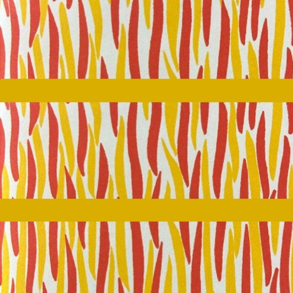 Illustration of texture from the first edition of Ian Fleming's Moonraker novel. The design shows orange and red flame shapes on a white background.