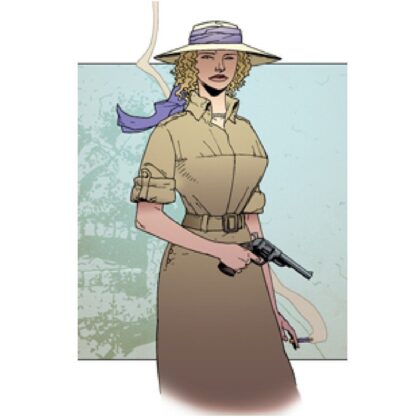 Mrs Theda Glass is a character from Hurricane Gold, from the Young Bond book series. Theda is shown here as a blonde haired white woman with a safari suit and gun.