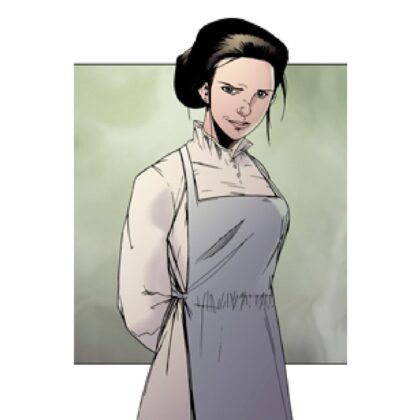 Illustration of Roan Power, from By Royal Command. Roan is depicted as a white girl with dark hair and a maid's apron.