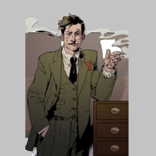 Illustration of Sir John Charnage, from Double Or Die. Sir John is depicted as a white man with dark hair.