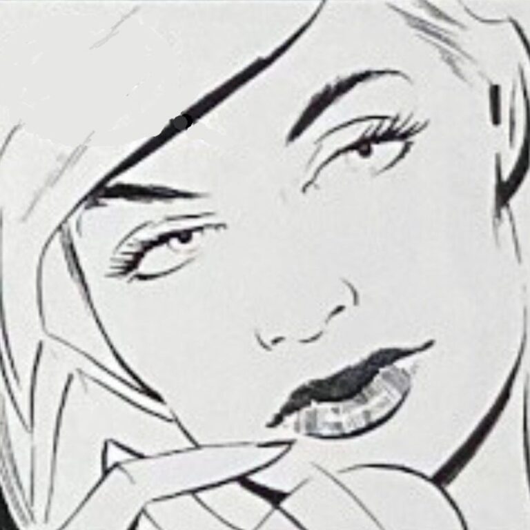 A picture of Tracy Bond, wife of 007 from On Her Majesty's Secret Service. Tracy is shown in a black and white line drawing as a white woman with blonde hair on the telephone.
