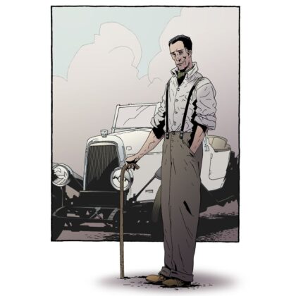 Illustration of Uncle Max, from SilverFin. Max Bond is depicted as a white man with dark hair and a cane.