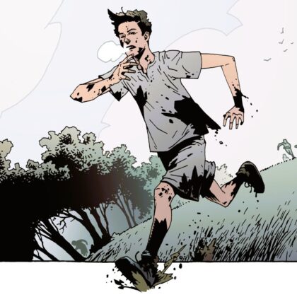 Illustration of James Bond from the Young Bond book series. James is shown in his school running kit covered in mud doing a cross country run.