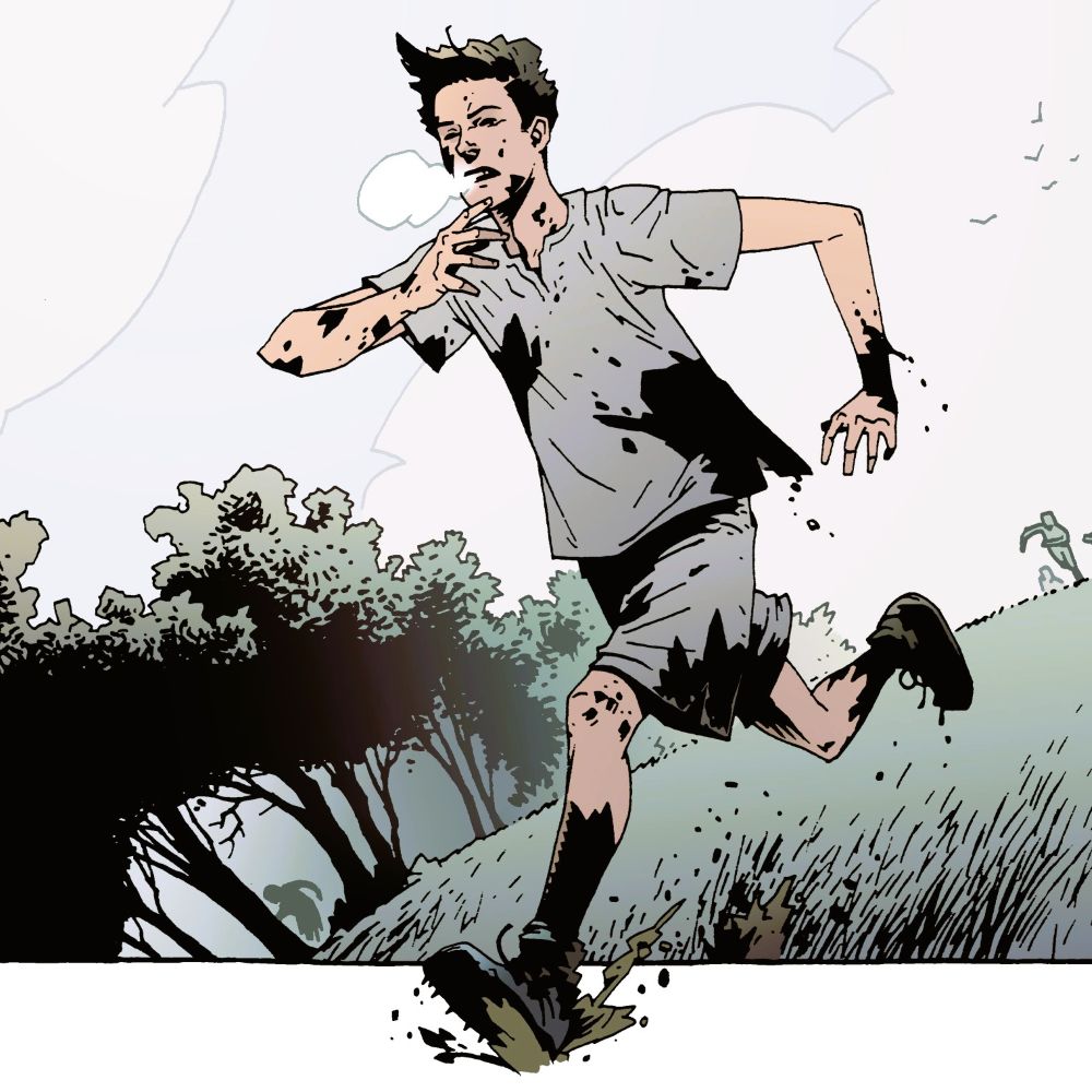 Illustration of James Bond from the Young Bond book series. James is shown in his school running kit covered in mud doing a cross country run.