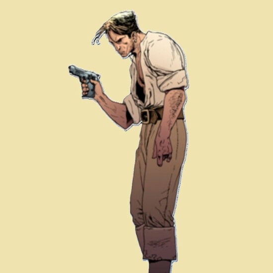 Illustration of Zoltan, from Blood Fever. Zoltan is depicted as suspicious looking white man with a gun.