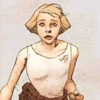 Illustration of Amy Goodenough, from Blood Fever. Amy is depicted as a white girl with blonde hair.