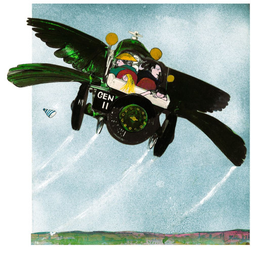 Illustration of Chitty Chitty Bang Bang taken from the original edition of the Ian Fleming book. The image shows the car flying in the sky with wings and the family of four people sitting inside.