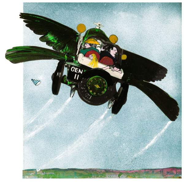 Illustration of Chitty Chitty Bang Bang taken from the original edition of the Ian Fleming book. The image shows the car flying in the sky with wings and the family of four people sitting inside.