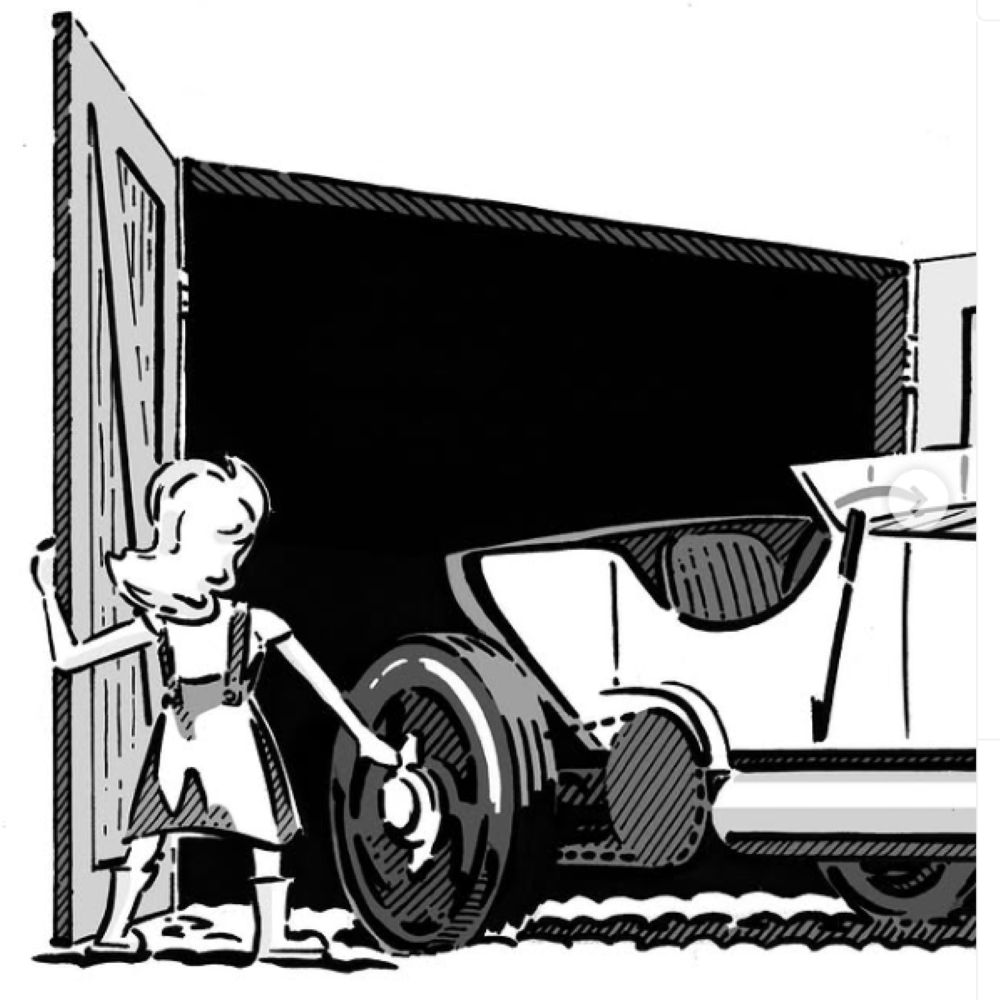 A young girl holding the garage door open for a car