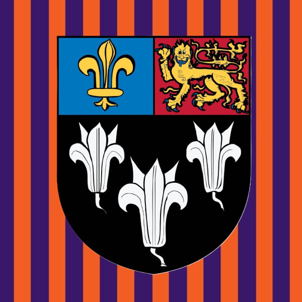 Image of the Eton school crest on a striped background. The image shows the crest which is decorated with a lion, the three white lilies and the fleur de lil, sat on a backdrop of orange and purple stripes.