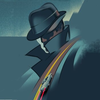 Illustration of Felix Leiter, a character originated by Ian Fleming in his James Bond series. This images is from The Hook and The Eye, the Felix book and shows him as a mysterious male figure with trilby hat and raincoat from the book cover.