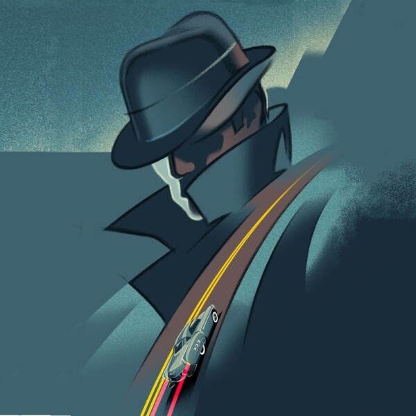 Illustration of Felix Leiter, a character originated by Ian Fleming in his James Bond series. This images is from The Hook and The Eye, the Felix book and shows him as a mysterious male figure with trilby hat and raincoat from the book cover.