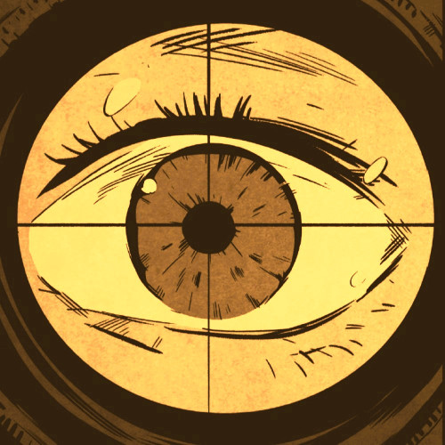Illustration of an eye looking through a binocular taken from the James Book graphic novel series. The image shows a close-up of an eye in a golden hue.