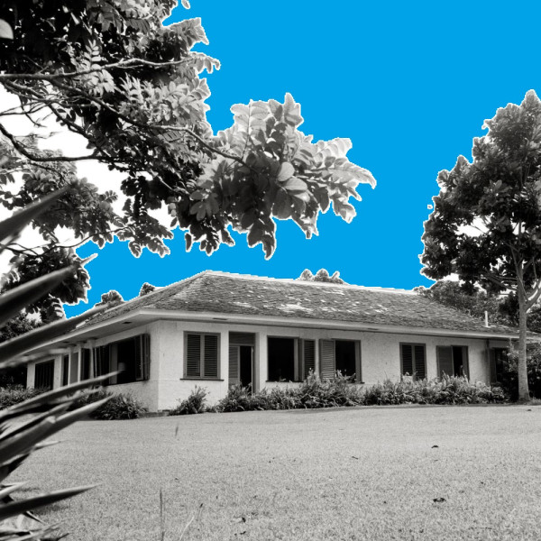 A single-story house with a sloped roof and shuttered windows, surrounded by trees and bushes. The sky is edited to a bright blue, with plants and grass in the foreground.