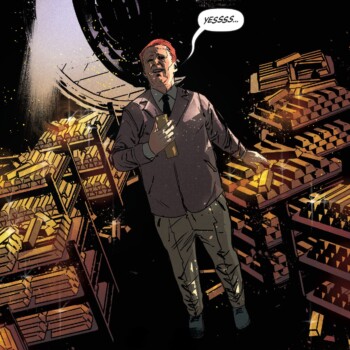 Illustration of Auric Goldfinger from Ian Fleming's Goldfinger novel. the picture shows a graphic novel illustration of Goldfinger amongst his gold bullion bars.