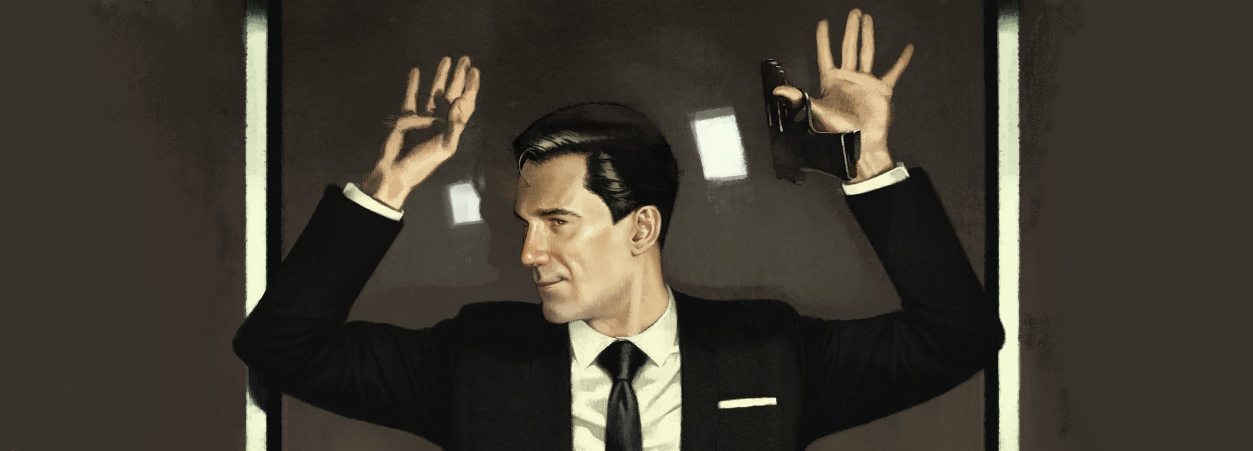 A piece of graphic art featuring James Bond in his tuxedo with gun, holding his hands up.