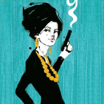 An illustration of Miss Moneypenny from Ian Fleming's James Bond. Image shows a woman with black hair piled on top of her head in chic fashion, holding a smoking gun on a teal background.