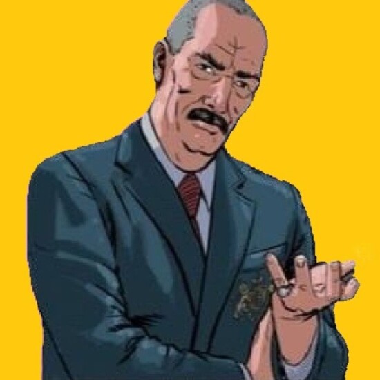 Illustration of Q aka Major Boothroyd, a character created by Ian Fleming in his James Bond Books. Q is shown here as a white, older man in a suit.