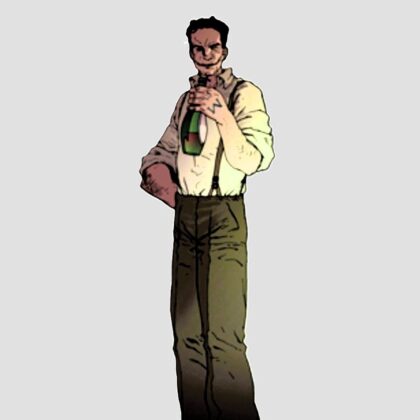 Illustration of Smiler from Blood Fever. Smiler is depicted as a white man with a wide exaggerated smile.