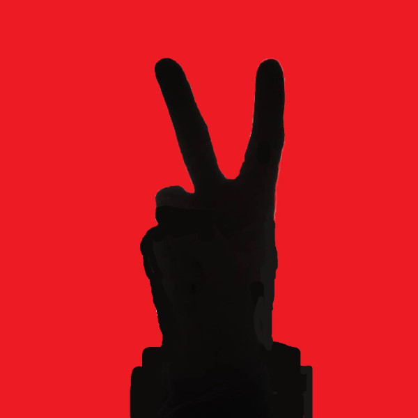 Image of two fingers held up in the Peace/Victory symbol, inspired by Winston Churchill. Image shows a black silhouette of a mans fingers in a V shape on a red backdrop.