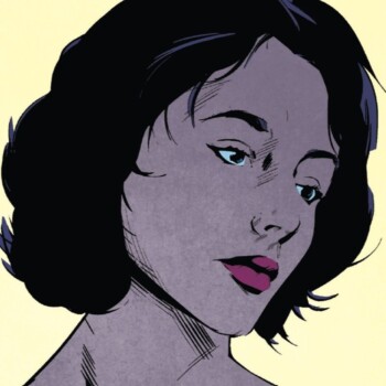 A picture of Vesper Lynd from Ian Fleming's Casino Royale, seen as a comic book art of a white woman with dark hair and red lipstick