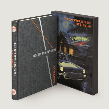 Image of the Folio society hardback edition of The Spy Who Loved Me by Ian Fleming, pictured with the slipcase illustrated by Fay Dalton.