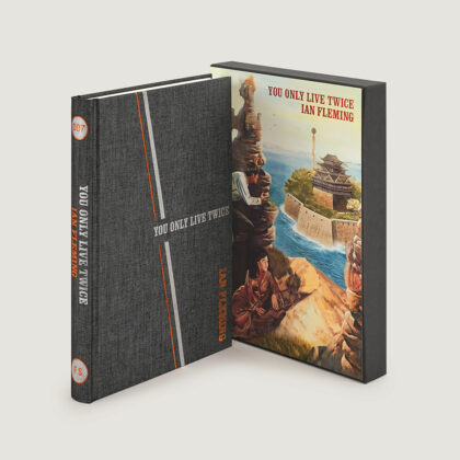 Image of the Folio society hardback edition of You only live twice by Ian Fleming, pictured with the slipcase illustrated by Fay Dalton.