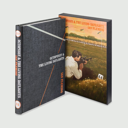Image of the Folio society hardback edition of Octopussy and the living daylights by Ian Fleming, pictured with the slipcase illustrated by Fay Dalton.