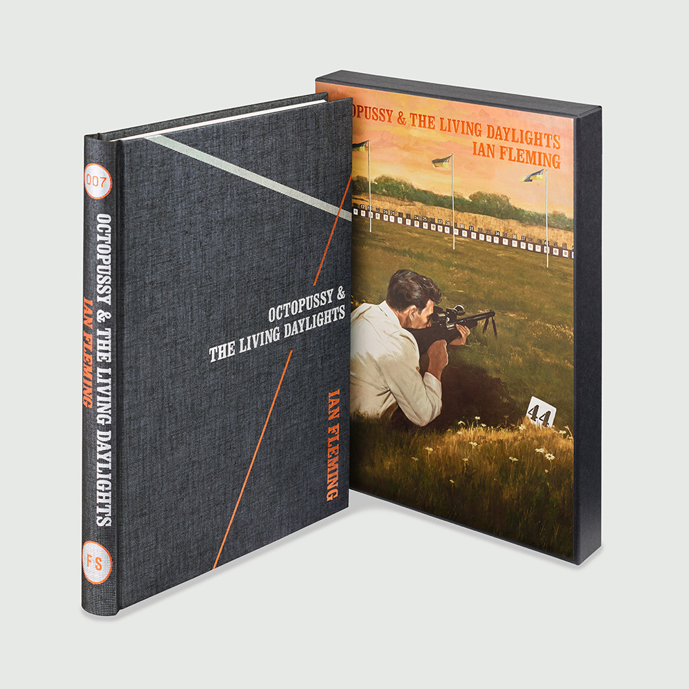 Image of the Folio society hardback edition of Octopussy and the living daylights by Ian Fleming, pictured with the slipcase illustrated by Fay Dalton.