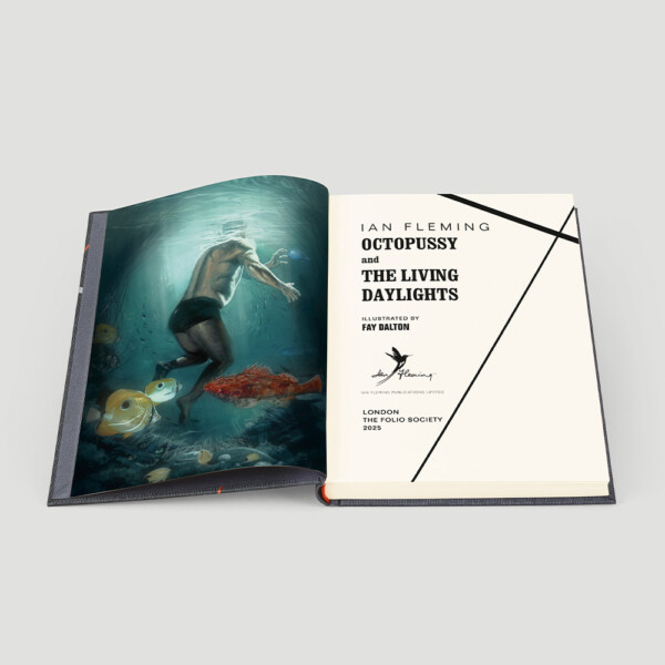 Image of the Folio society hardback edition of Octopussy and the living daylights by Ian Fleming, pictured opened to an illustration by Fay Dalton, of James Bond underwater.