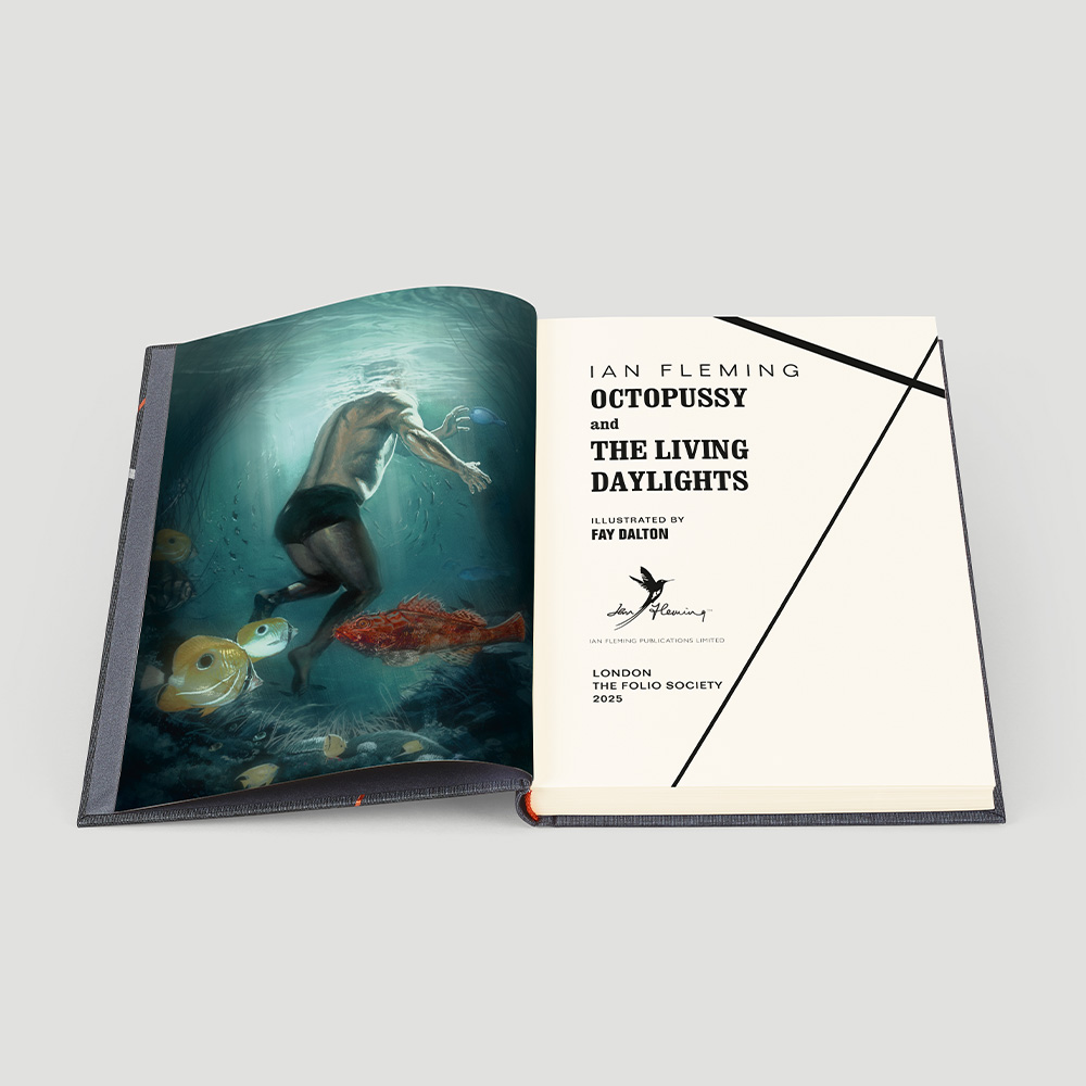 Image of the Folio society hardback edition of Octopussy and the living daylights by Ian Fleming, pictured opened to an illustration by Fay Dalton, of James Bond underwater.