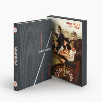 Image of the Folio society hardback edition of Casino Royale by Ian Fleming, pictured with the slipcase illustrated by Fay Dalton.