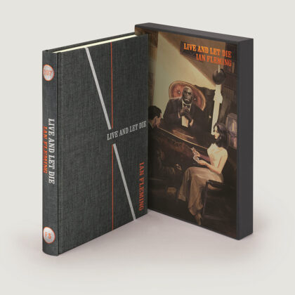Image of the Folio society hardback edition of Live and Let Die by Ian Fleming, pictured with the slipcase illustrated by Fay Dalton.