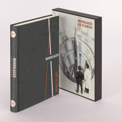 Image of the Folio society hardback edition of Moonraker by Ian Fleming, pictured with the slipcase illustrated by Fay Dalton.