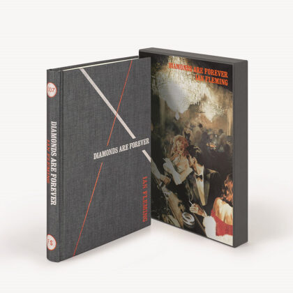 Image of the Folio society hardback edition of Diamonds are Forever by Ian Fleming, pictured with the slipcase illustrated by Fay Dalton.