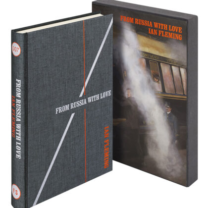 Image of the Folio society hardback edition of From Russia With Love by Ian Fleming, pictured with the slipcase illustrated by Fay Dalton.